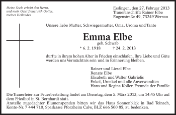 Traueranzeige von Emma Elbe von Eßlinger Zeitung/Cannstatter Zeitung