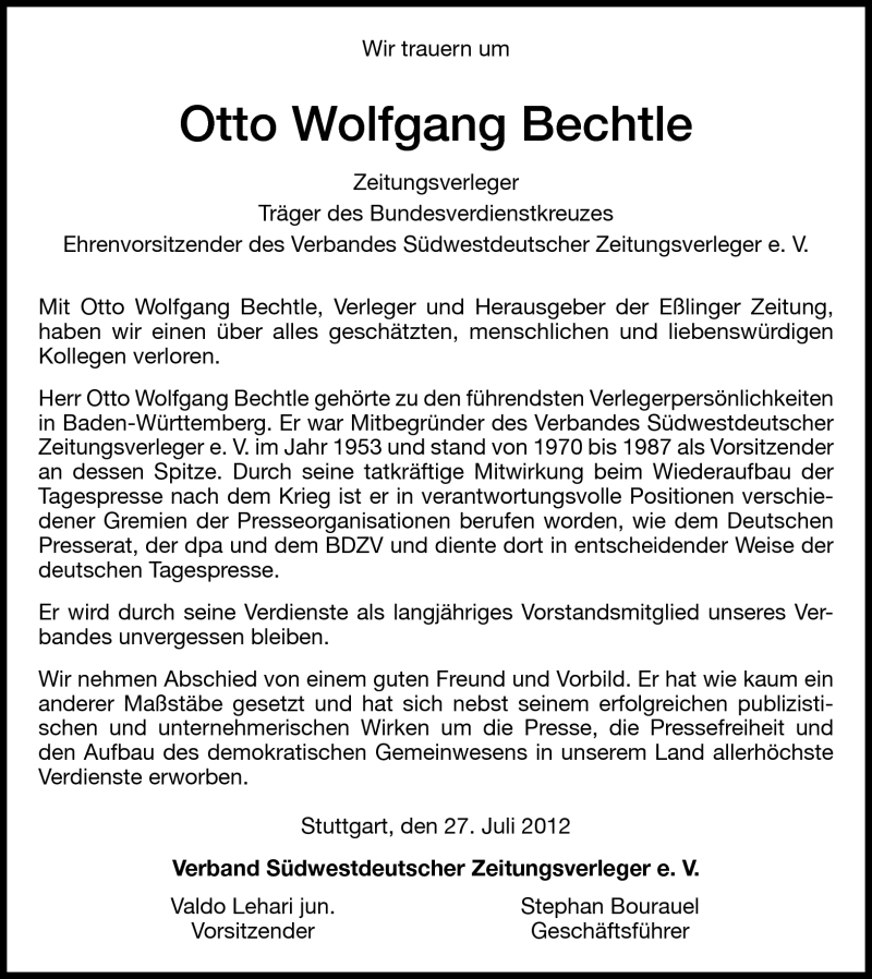  Traueranzeige für Otto Wolfgang Bechtle vom 27.07.2012 aus Eßlinger Zeitung/Cannstatter Zeitung