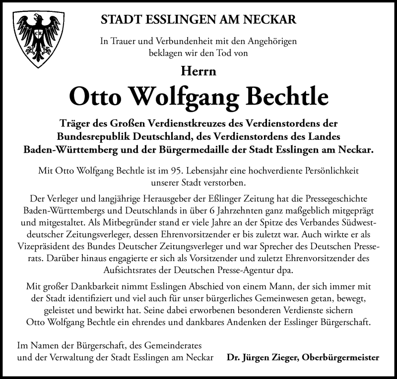  Traueranzeige für Otto Wolfgang Bechtle vom 27.07.2012 aus Eßlinger Zeitung/Cannstatter Zeitung