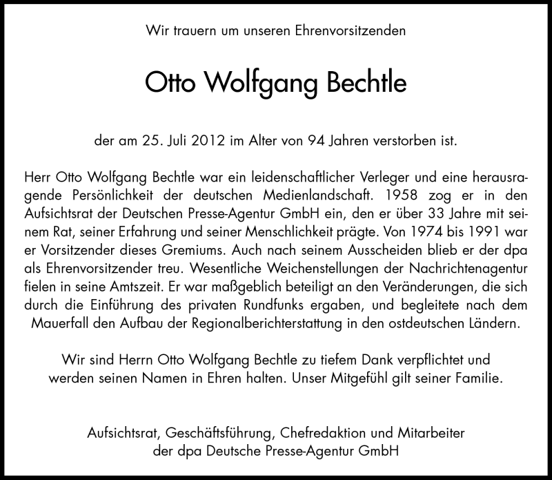  Traueranzeige für Otto Wolfgang Bechtle vom 28.07.2012 aus Eßlinger Zeitung/Cannstatter Zeitung