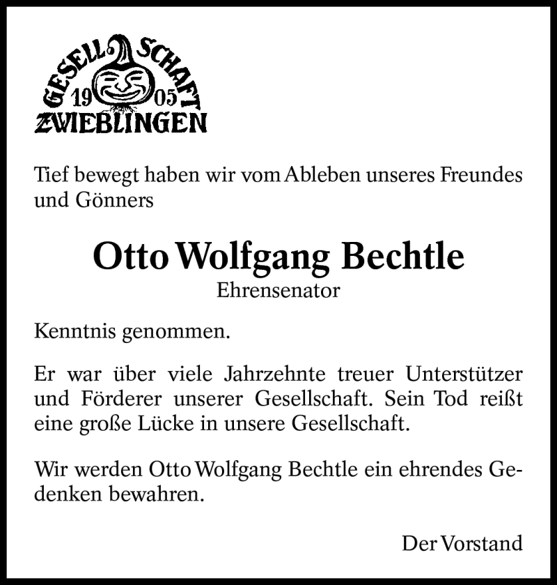  Traueranzeige für Otto Wolfgang Bechtle vom 30.07.2012 aus Eßlinger Zeitung/Cannstatter Zeitung