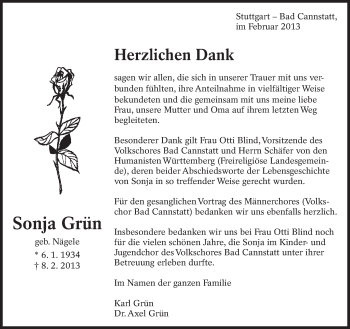 Traueranzeige von Sonja Grün von Eßlinger Zeitung/Cannstatter Zeitung