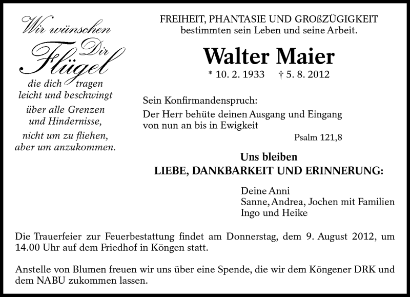  Traueranzeige für Walter Maier vom 07.08.2012 aus Eßlinger Zeitung/Cannstatter Zeitung