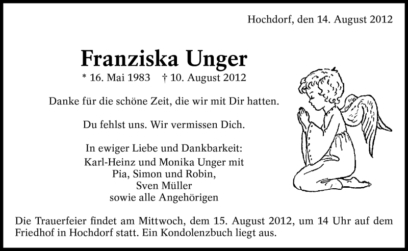  Traueranzeige für Franziska Unger vom 14.08.2012 aus Eßlinger Zeitung/Cannstatter Zeitung
