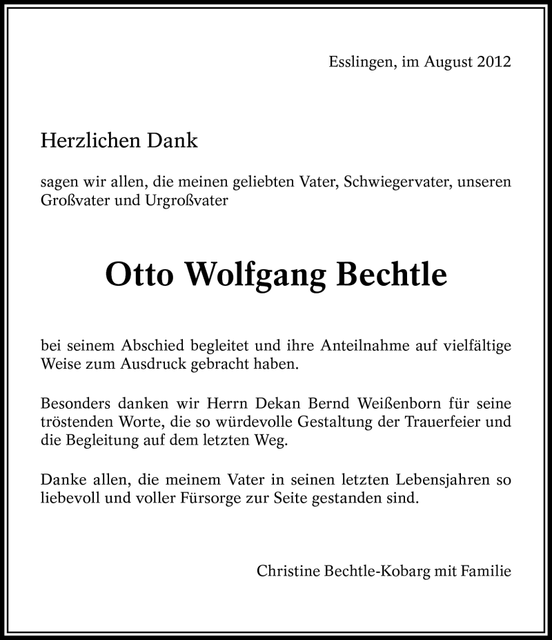  Traueranzeige für Otto Wolfgang Bechtle vom 18.08.2012 aus Eßlinger Zeitung/Cannstatter Zeitung
