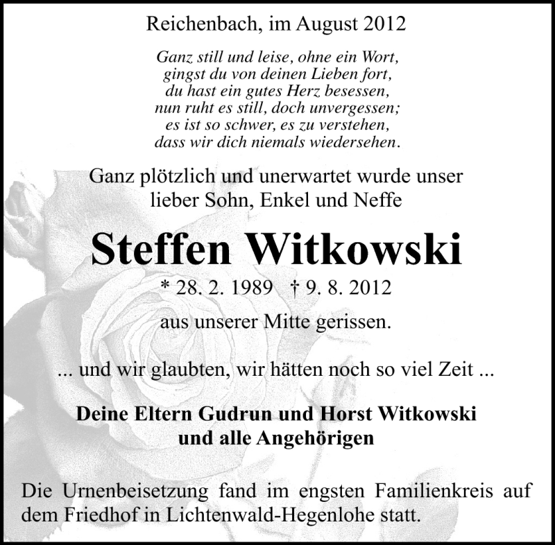  Traueranzeige für Steffen Witkowski vom 28.08.2012 aus Eßlinger Zeitung/Cannstatter Zeitung