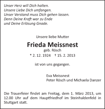 Traueranzeige von Frieda Meissnest von Eßlinger Zeitung/Cannstatter Zeitung