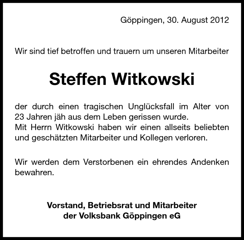  Traueranzeige für Steffen Witkowski vom 30.08.2012 aus Eßlinger Zeitung/Cannstatter Zeitung