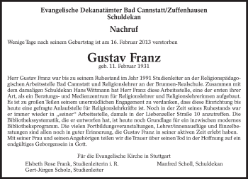 Traueranzeige von Gustav Franz von Eßlinger Zeitung/Cannstatter Zeitung