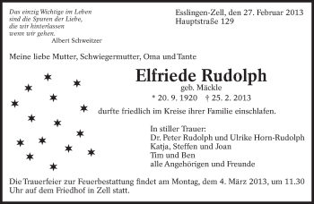 Traueranzeige von Elfriede Rudolph von Eßlinger Zeitung/Cannstatter Zeitung