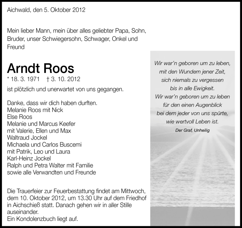  Traueranzeige für Arndt Roos vom 05.10.2012 aus Eßlinger Zeitung/Cannstatter Zeitung