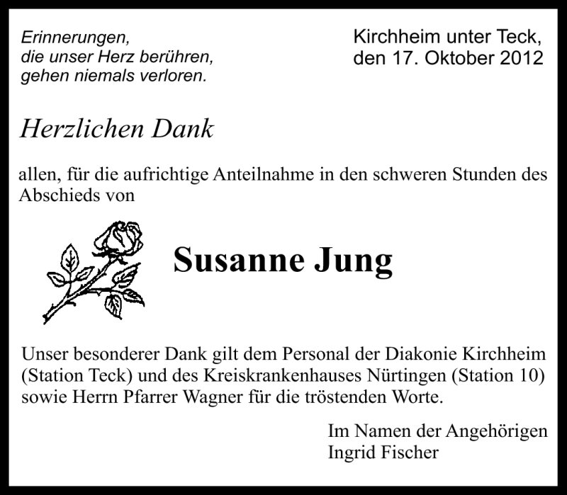  Traueranzeige für Susanne Jung vom 17.10.2012 aus Eßlinger Zeitung/Cannstatter Zeitung