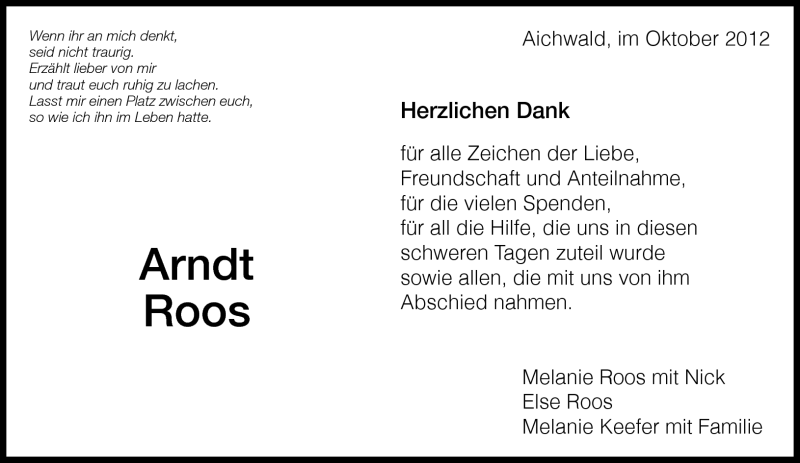  Traueranzeige für Arndt Roos vom 24.10.2012 aus Eßlinger Zeitung/Cannstatter Zeitung
