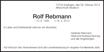 Traueranzeige von Rolf Rebmann von Eßlinger Zeitung/Cannstatter Zeitung