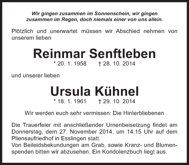  Traueranzeige für Reinmar Senftleben vom 22.11.2014 aus Eßlinger Zeitung/Cannstatter Zeitung