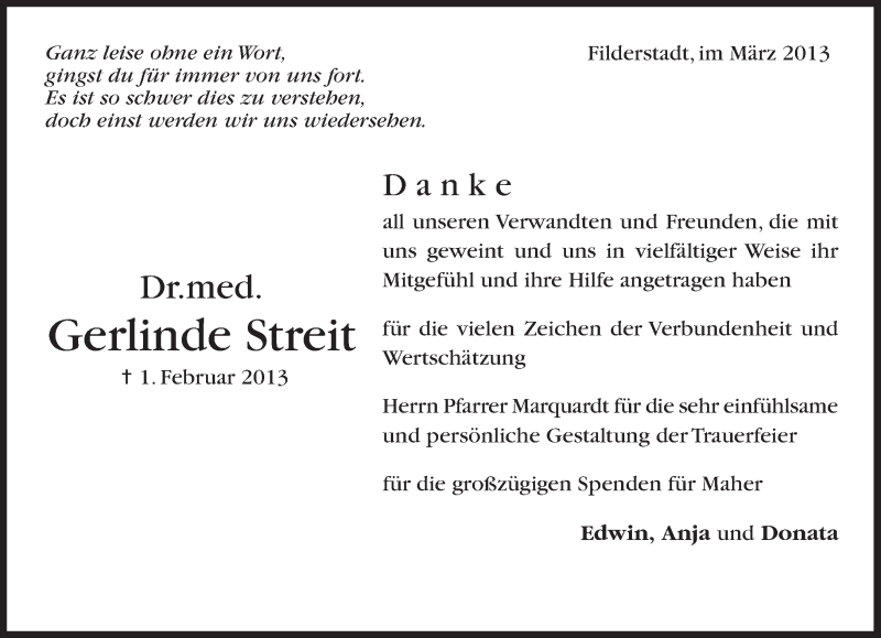  Traueranzeige für Gerlinde Streit vom 09.03.2013 aus Eßlinger Zeitung/Cannstatter Zeitung