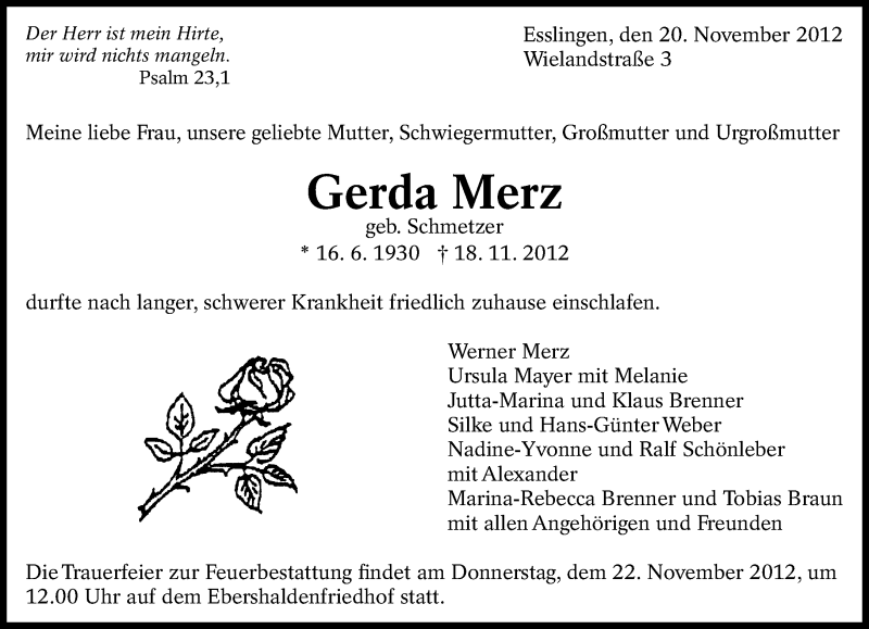  Traueranzeige für Gerda Merz vom 20.11.2012 aus Eßlinger Zeitung/Cannstatter Zeitung