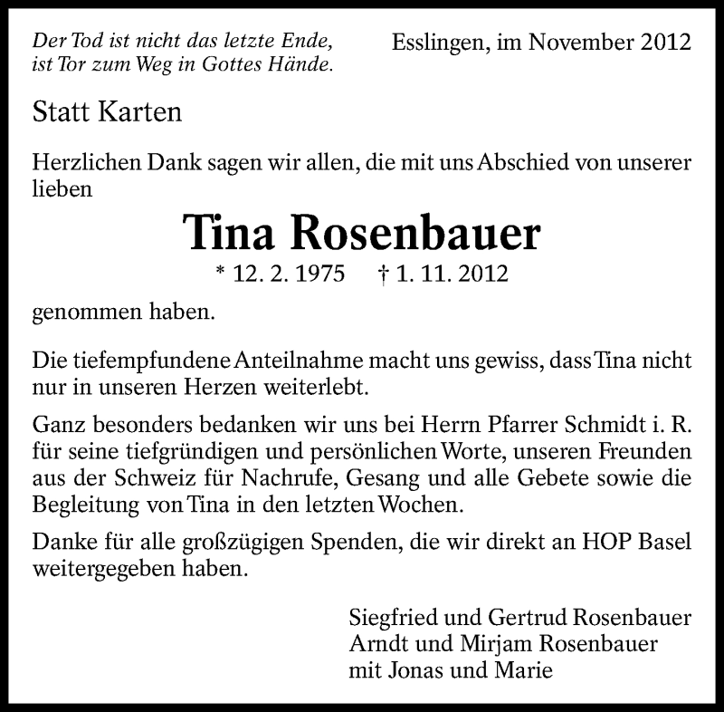  Traueranzeige für Tina Rosenbauer vom 21.11.2012 aus Eßlinger Zeitung/Cannstatter Zeitung