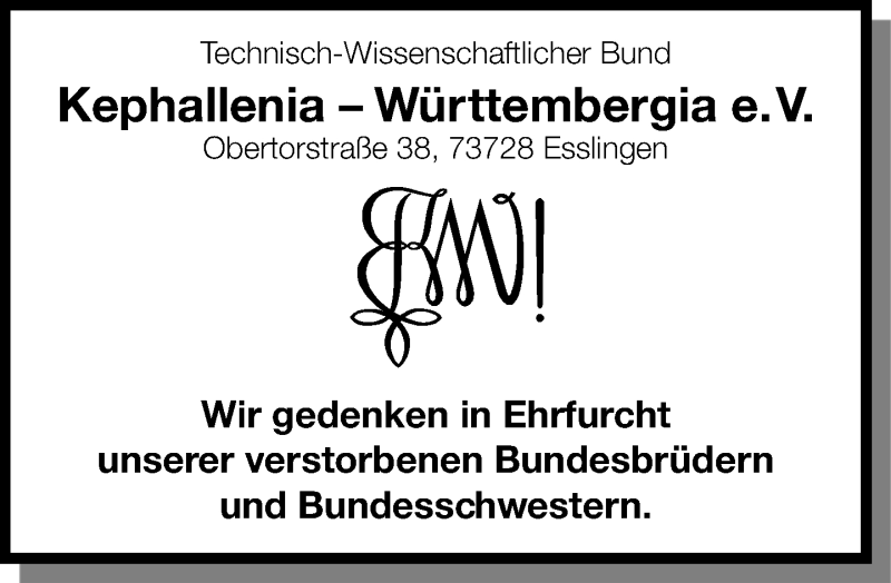  Traueranzeige für Kephallenia – Württembergia e. V. gedenken vom 24.11.2012 aus Eßlinger Zeitung/Cannstatter Zeitung