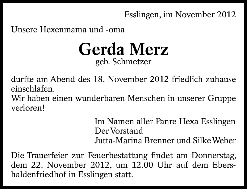  Traueranzeige für Gerda Merz vom 21.11.2012 aus Eßlinger Zeitung/Cannstatter Zeitung