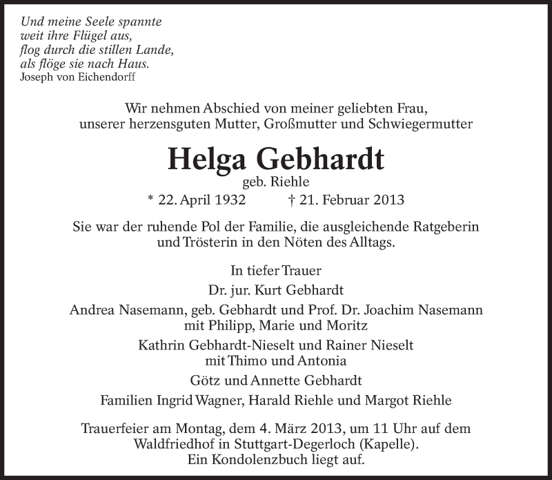  Traueranzeige für Helga Gebhardt vom 28.02.2013 aus Eßlinger Zeitung/Cannstatter Zeitung