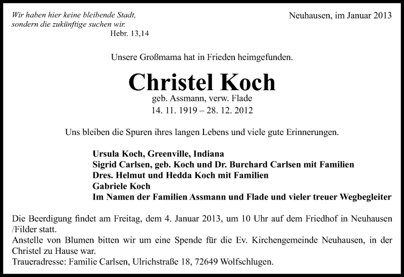  Traueranzeige für Christel Koch vom 02.01.2013 aus Eßlinger Zeitung/Cannstatter Zeitung