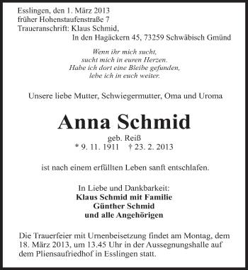 Traueranzeige von Anna Schmid von Eßlinger Zeitung/Cannstatter Zeitung