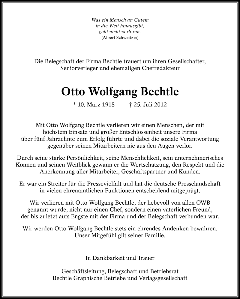  Traueranzeige für Otto Wolfgang Bechtle vom 27.07.2012 aus Eßlinger Zeitung/Cannstatter Zeitung