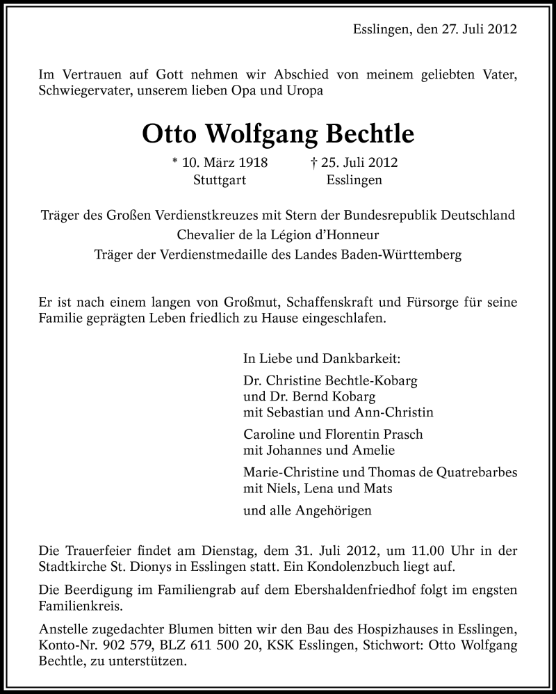  Traueranzeige für Otto Wolfgang Bechtle vom 27.07.2012 aus Eßlinger Zeitung/Cannstatter Zeitung