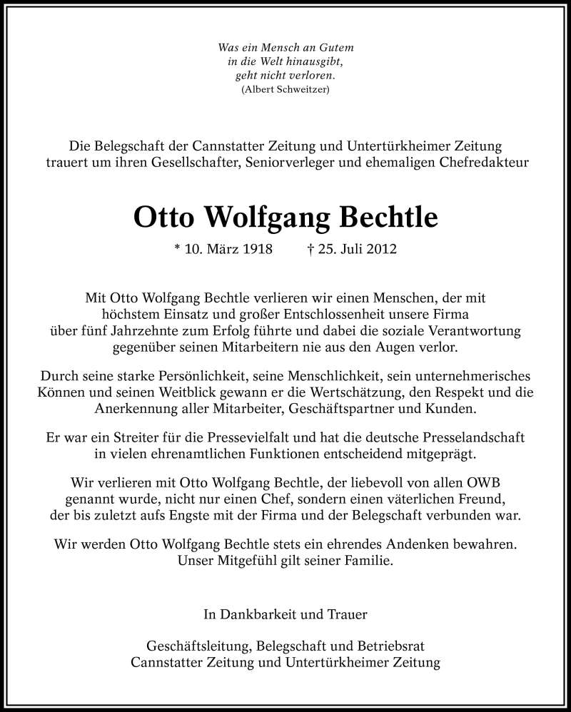  Traueranzeige für Otto Wolfgang Bechtle vom 27.07.2012 aus Eßlinger Zeitung/Cannstatter Zeitung