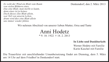 Traueranzeige von Anni Hodetz von Eßlinger Zeitung/Cannstatter Zeitung