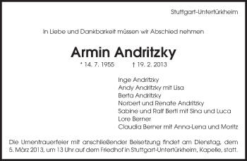 Traueranzeige von Armin Andritzky von Eßlinger Zeitung/Cannstatter Zeitung