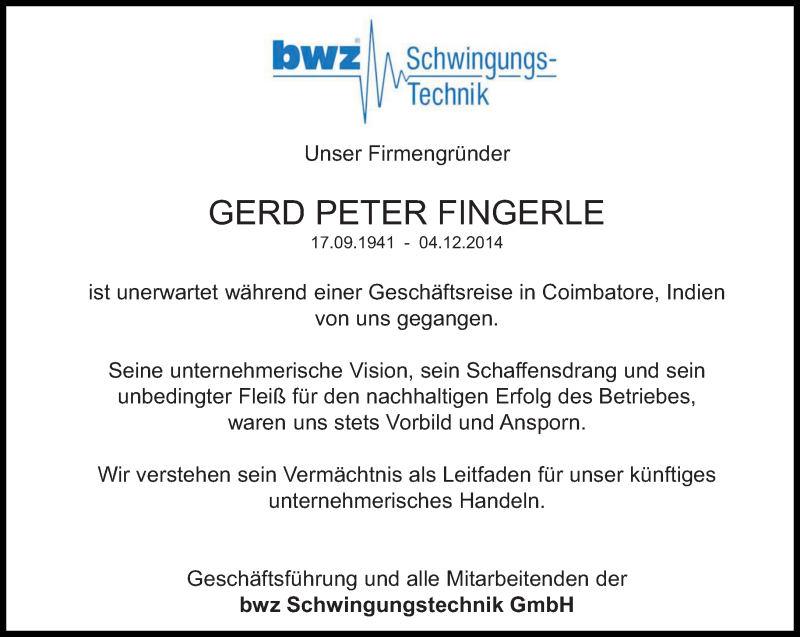  Traueranzeige für Gerd Peter Fingerle vom 09.12.2014 aus Eßlinger Zeitung/Cannstatter Zeitung