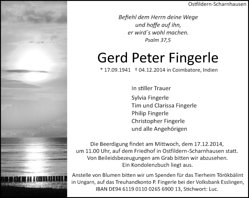  Traueranzeige für Gerd Peter Fingerle vom 09.12.2014 aus Eßlinger Zeitung/Cannstatter Zeitung