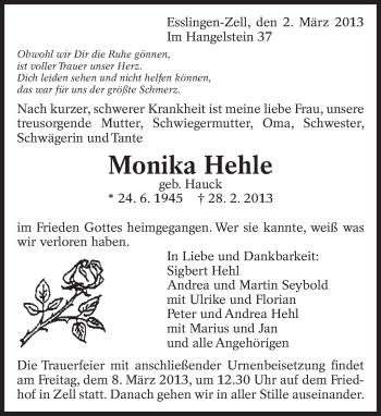 Traueranzeige von Monika Hehle von Eßlinger Zeitung/Cannstatter Zeitung