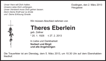 Traueranzeige von Theres Eberlein von Eßlinger Zeitung/Cannstatter Zeitung