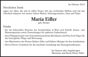 Traueranzeige von Maria Eifler von Eßlinger Zeitung/Cannstatter Zeitung