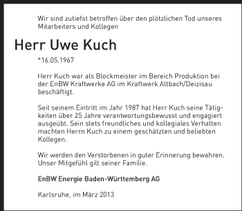 Traueranzeige von Uwe Kuch von Eßlinger Zeitung/Cannstatter Zeitung
