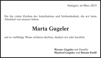 Traueranzeige von Marta Gugeler von Eßlinger Zeitung/Cannstatter Zeitung