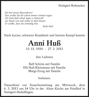 Traueranzeige von Anni Huß von Eßlinger Zeitung/Cannstatter Zeitung