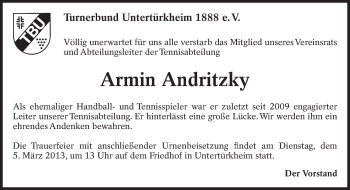 Traueranzeige von Armin Andritzky von Eßlinger Zeitung/Cannstatter Zeitung