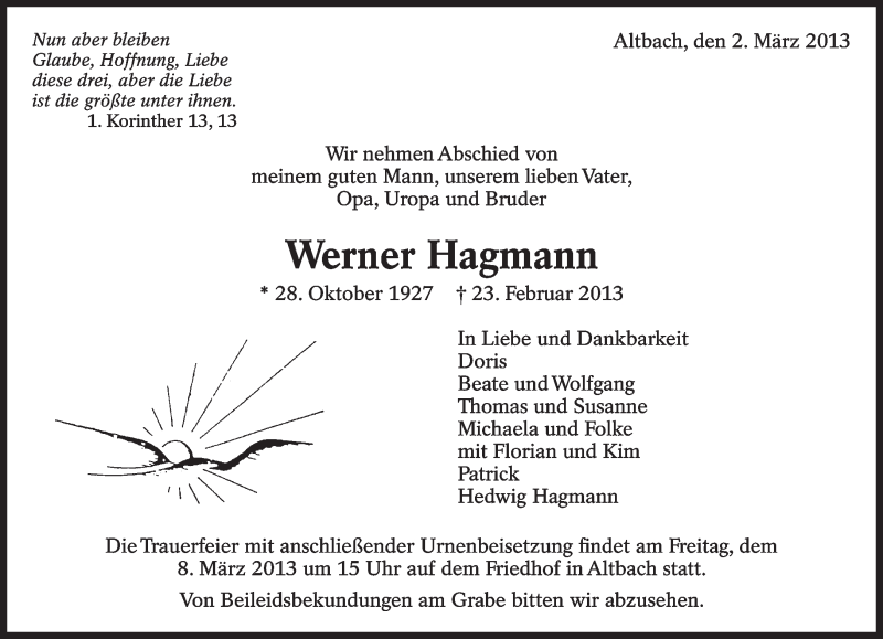  Traueranzeige für Werner Hagmann vom 02.03.2013 aus Eßlinger Zeitung/Cannstatter Zeitung