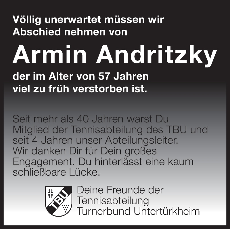  Traueranzeige für Armin Andritzky vom 04.03.2013 aus Eßlinger Zeitung/Cannstatter Zeitung