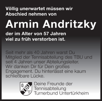 Traueranzeige von Armin Andritzky von Eßlinger Zeitung/Cannstatter Zeitung