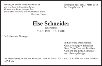 Traueranzeige von Else Schneider von Eßlinger Zeitung/Cannstatter Zeitung