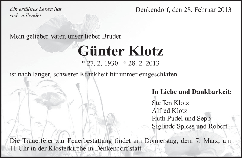  Traueranzeige für Günter Klotz vom 04.03.2013 aus Eßlinger Zeitung/Cannstatter Zeitung