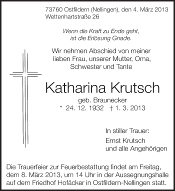 Traueranzeige von Katharina Krutsch von Eßlinger Zeitung/Cannstatter Zeitung