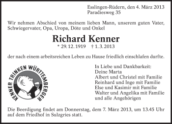 Traueranzeige von Richard Kenner von Eßlinger Zeitung/Cannstatter Zeitung