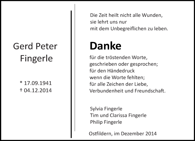  Traueranzeige für Gerd Peter Fingerle vom 20.12.2014 aus Eßlinger Zeitung/Cannstatter Zeitung