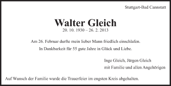 Traueranzeige von Walter Gleich von Eßlinger Zeitung/Cannstatter Zeitung